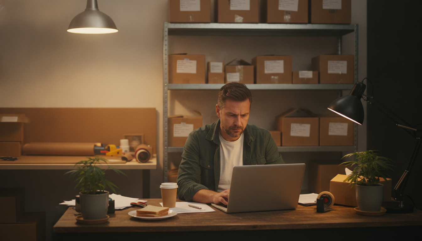 A hemp shop owner reading an email notice at a back office desk