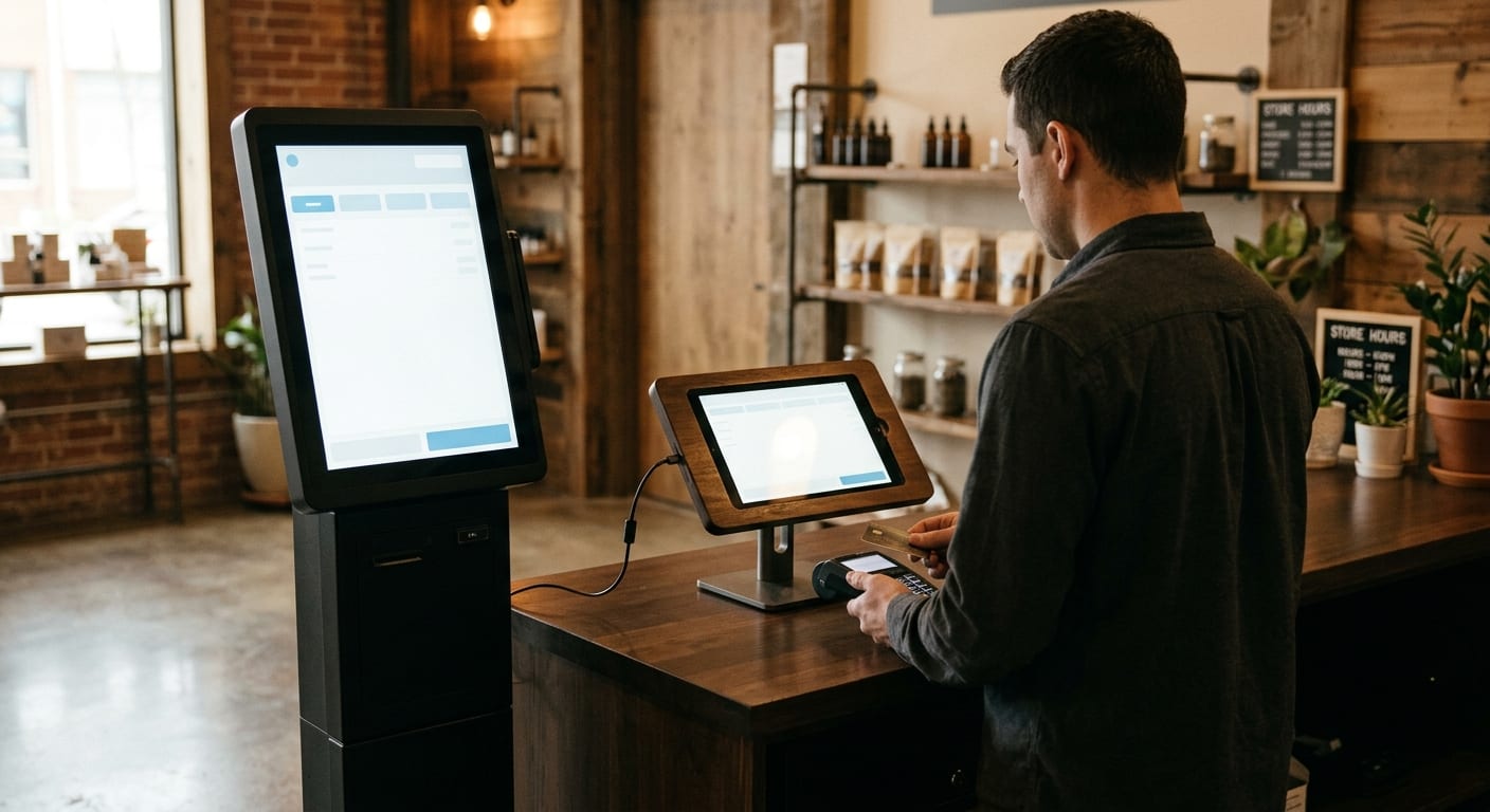 A tall self-checkout screen standing beside a counter tablet, with a clerk facing away.