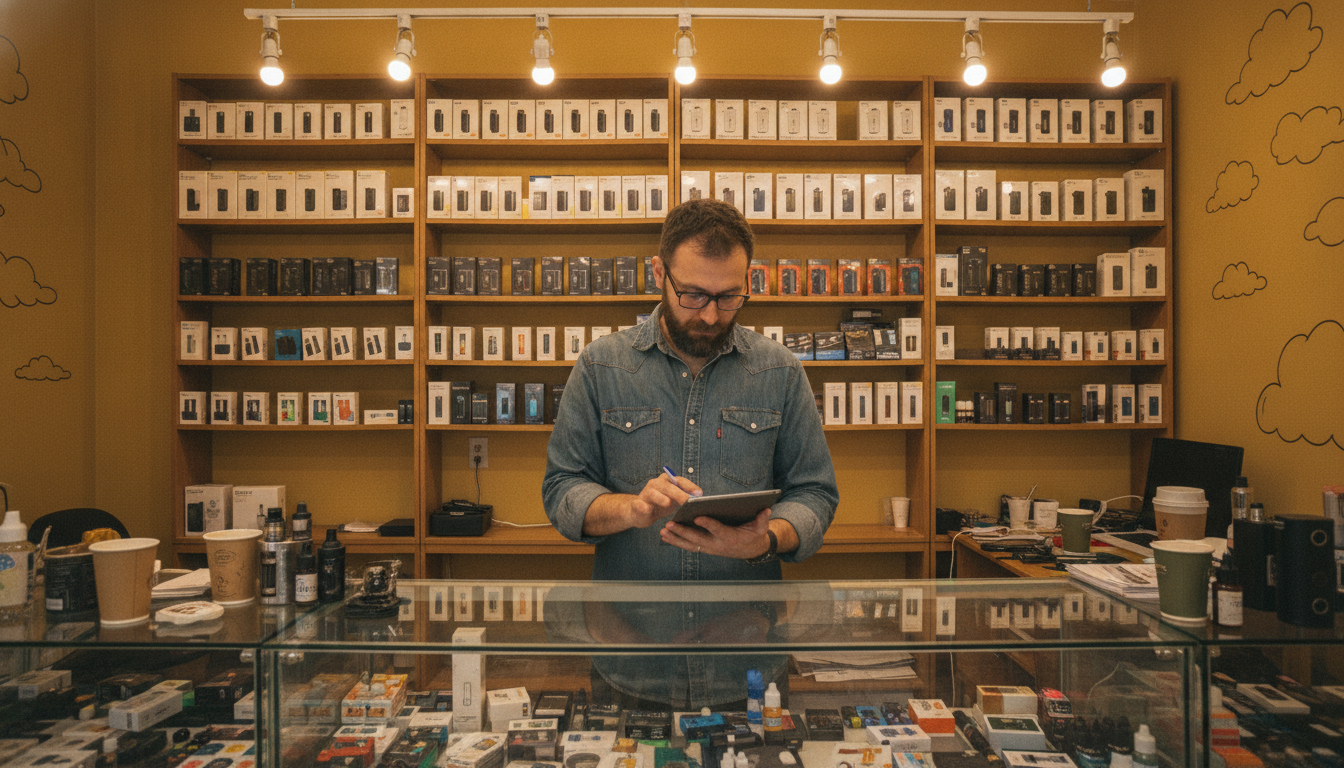 A vape shop owner behind a glass counter checking stock on a tablet