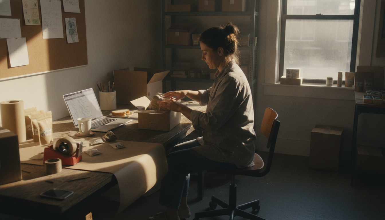 A small hemp brand owner packing orders beside a laptop showing a storefront
