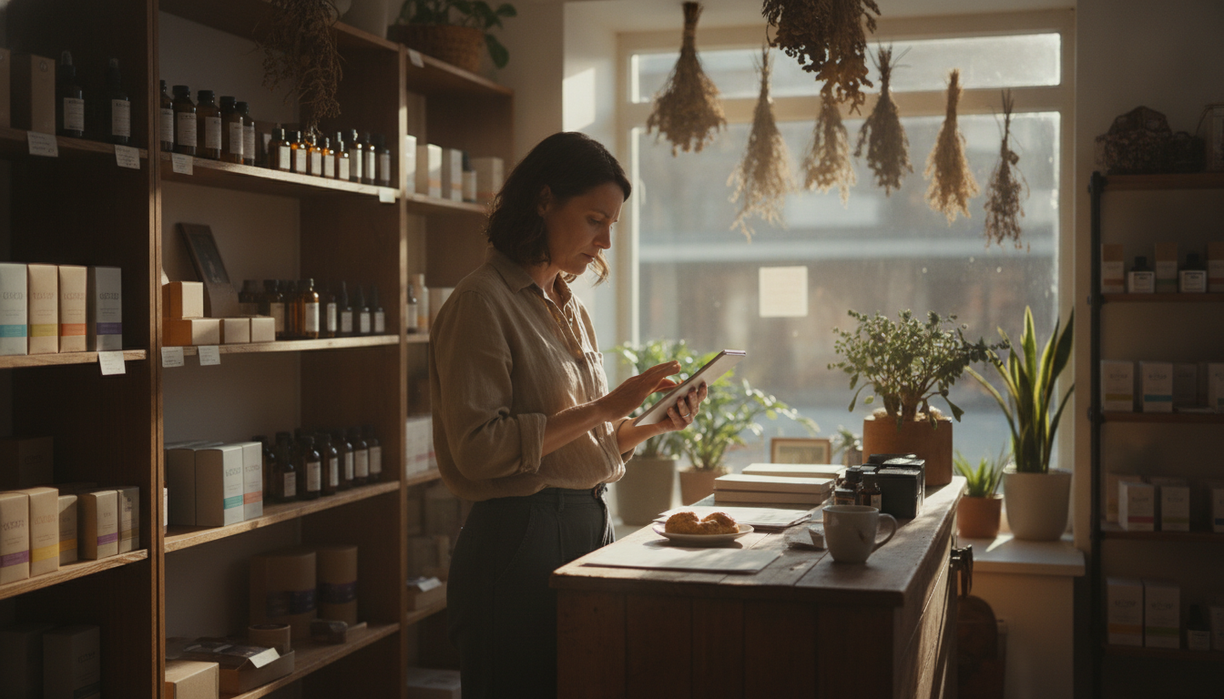 A small CBD retailer checking a tablet at a shop counter