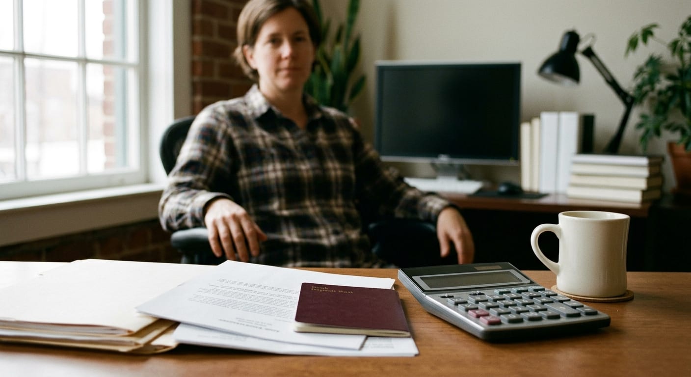 A bookkeeper desk with a face-down statement, a closed deposit book, a dark calculator, and a coffee mug.