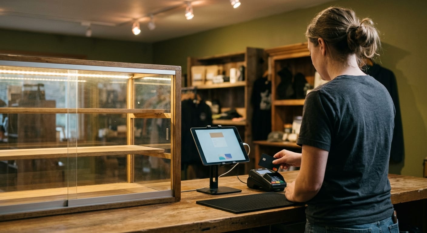 A small retail counter with a tablet register, a card reader, and a clerk facing away under warm light.