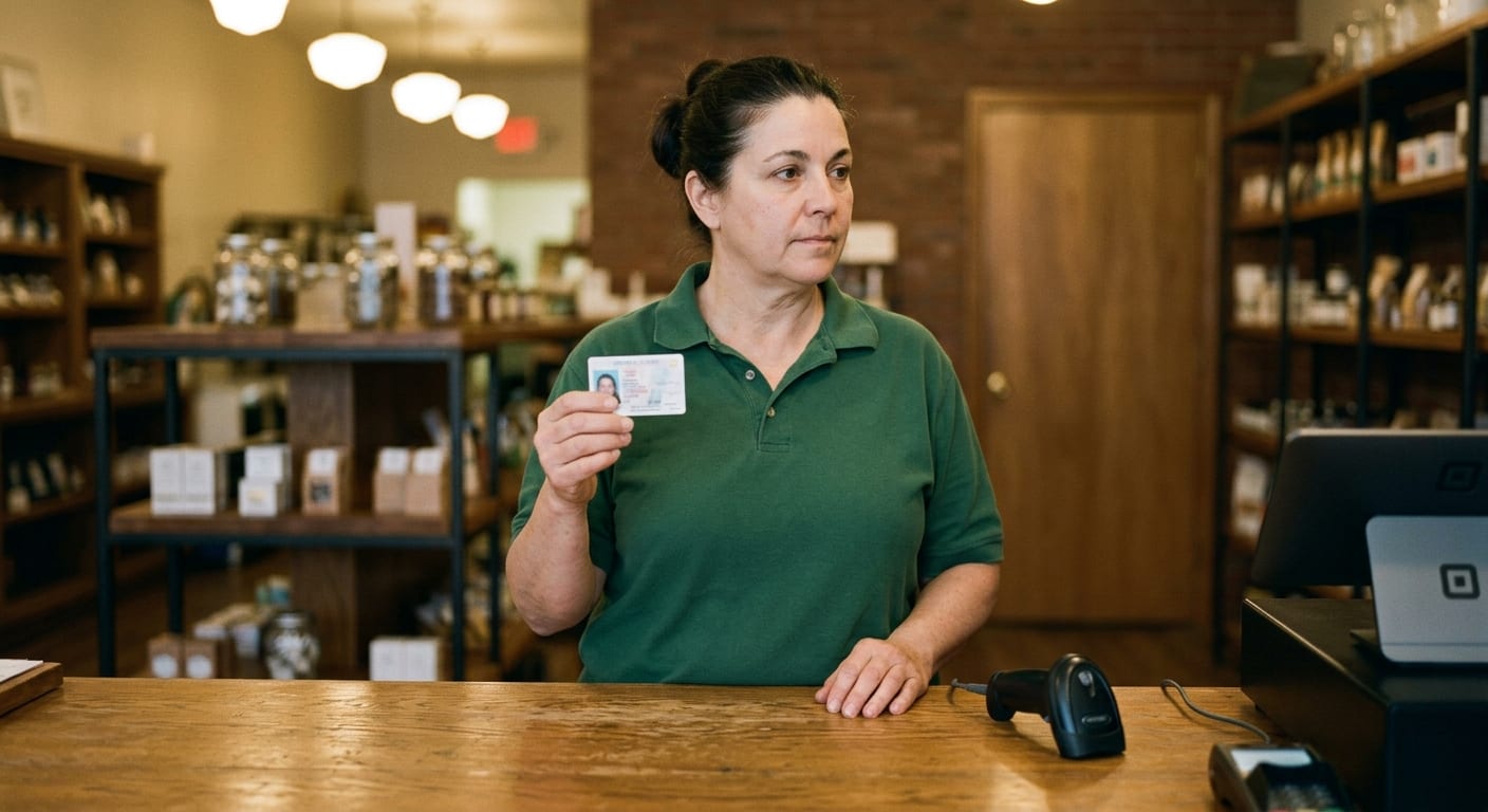 A clerk at a retail counter holding an ID away from the camera, with a small scanner on the wood.