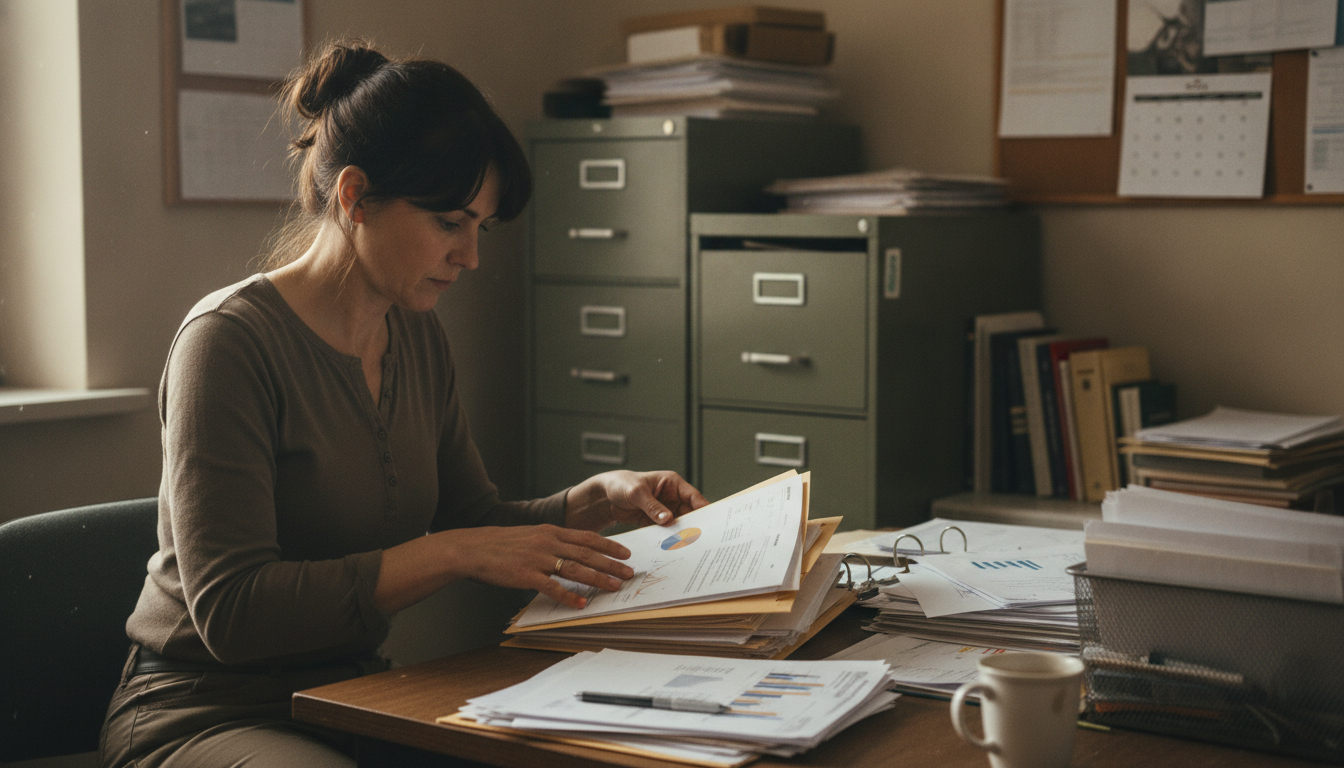 A hemp brand owner assembling a folder of documents at a desk