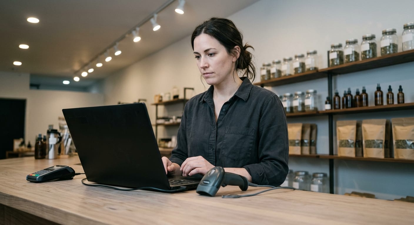 A clerk at a back counter looking at a laptop facing away, with a barcode scanner on the wood.