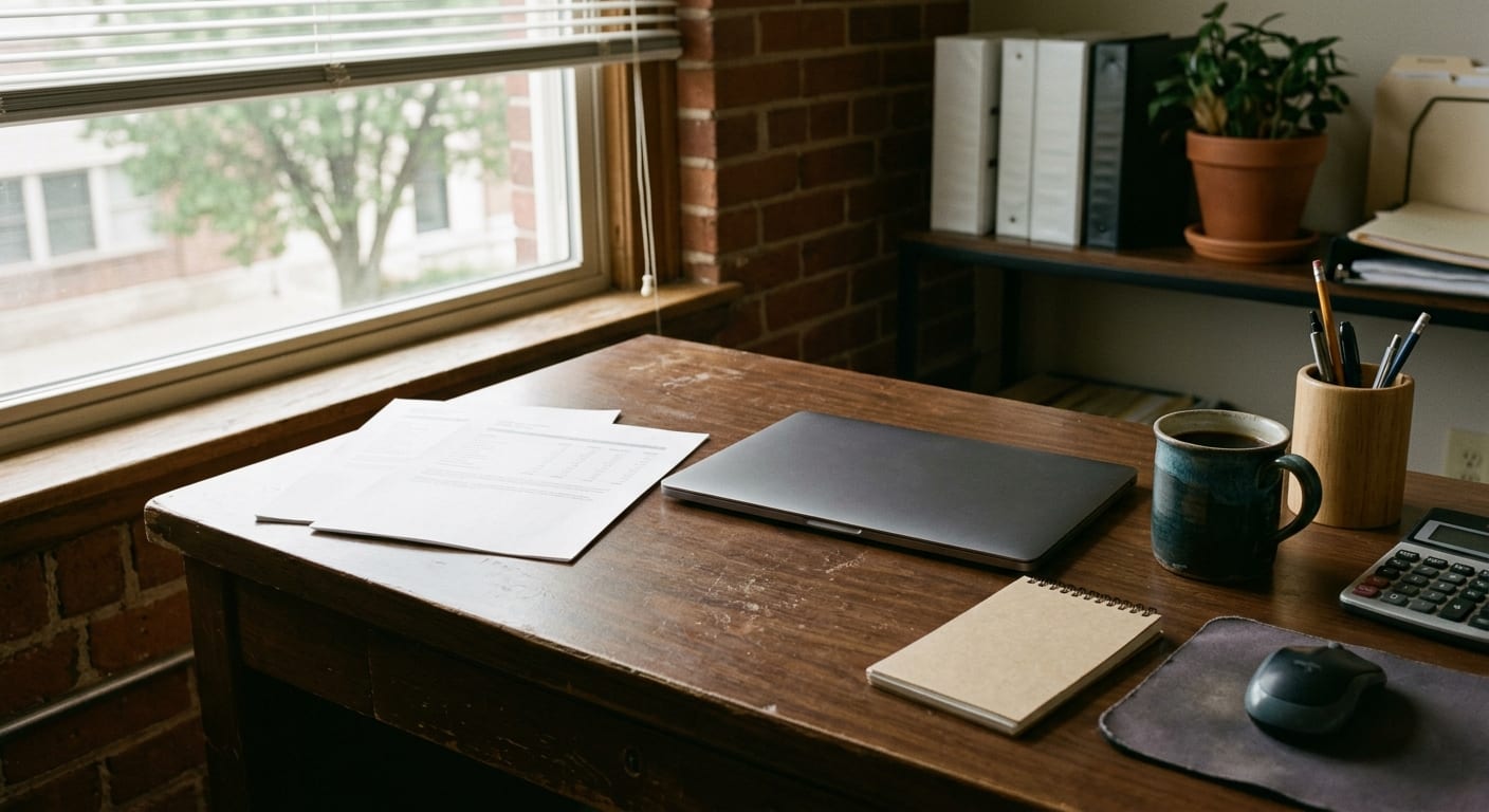 A bookkeeper desk with two face-down printouts, a closed laptop, and a coffee mug in morning light.