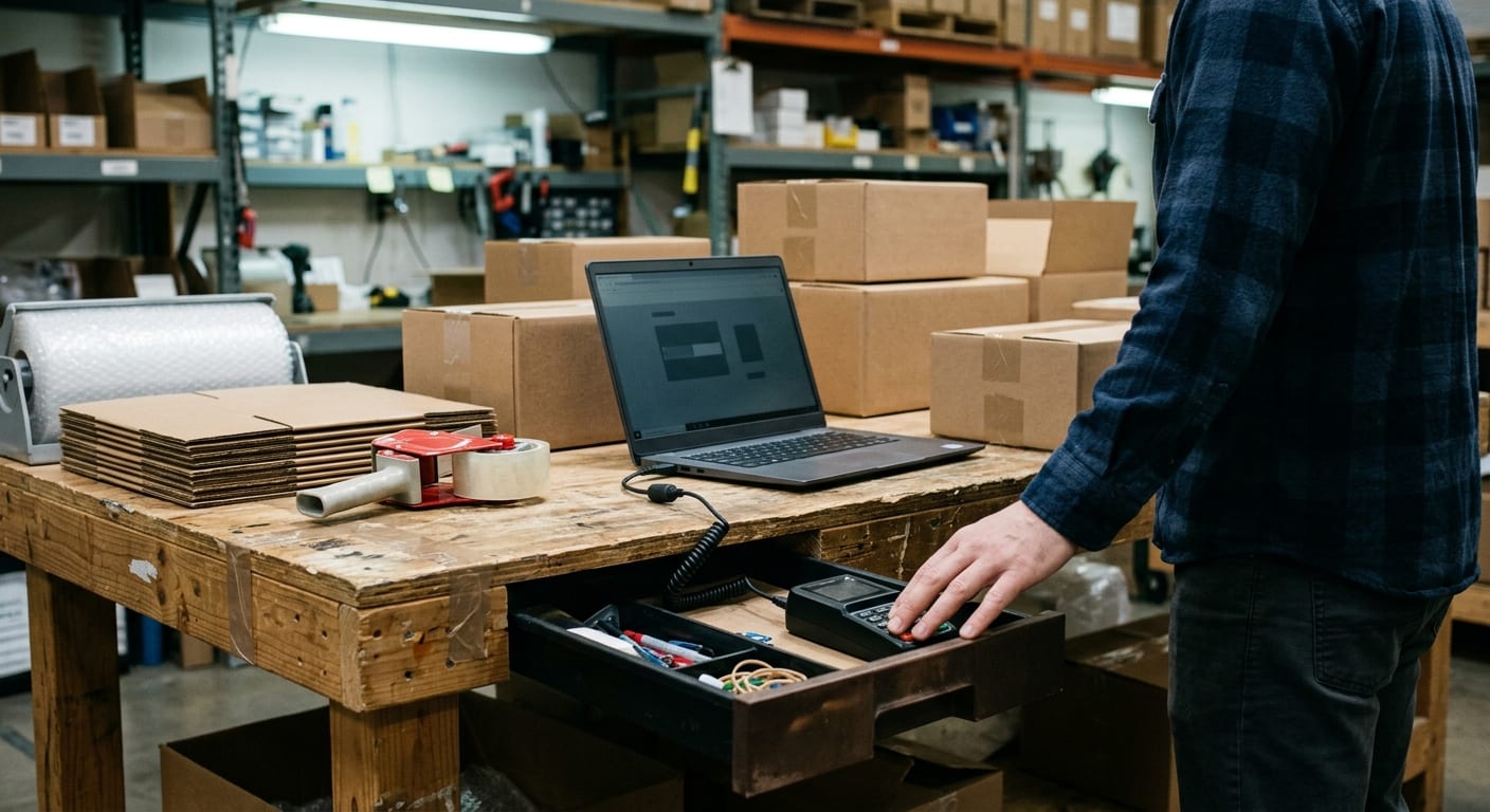 A packing table with an open laptop facing away, brown shipping boxes, and a card reader in a drawer.