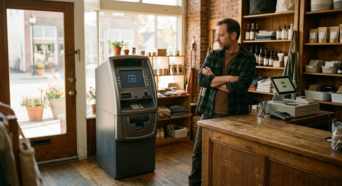 A shop owner standing with arms folded beside a standalone cash machine next to a wooden checkout counter.