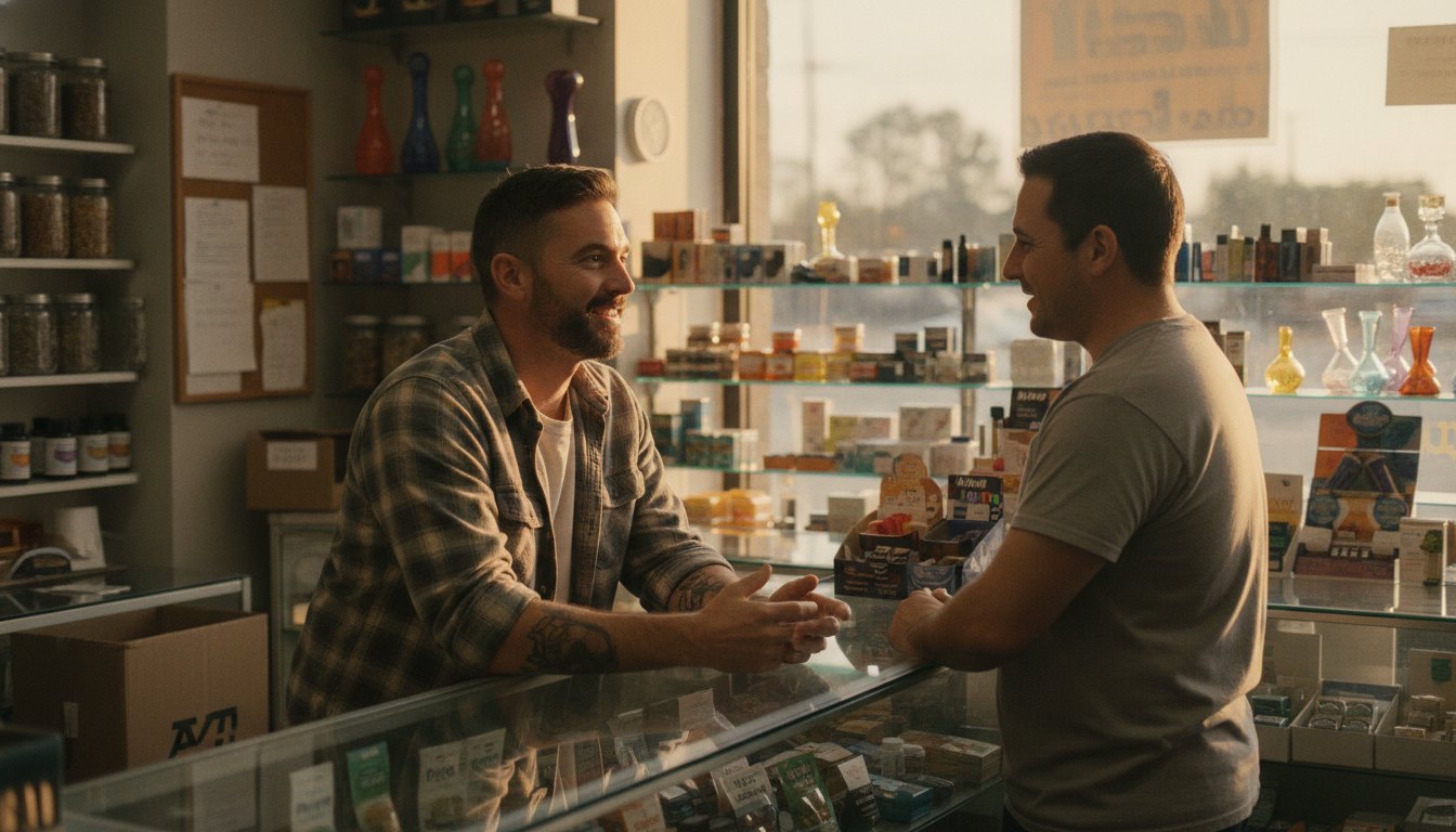 Shop owner talking with a customer across the glass display counter
