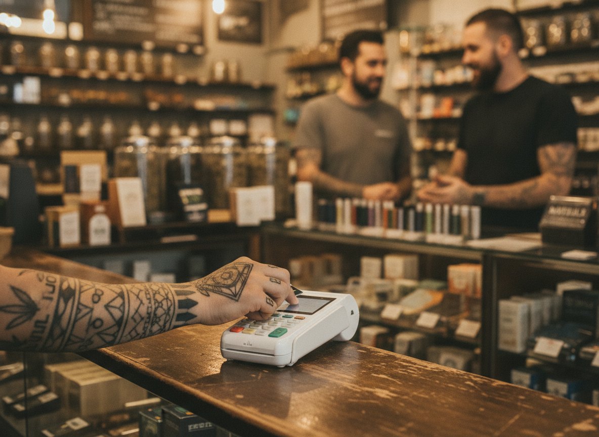 Customer tapping a bank card on a payment terminal at a shop counter